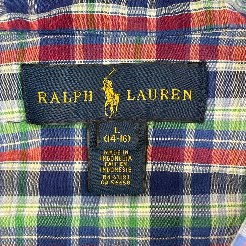 Polo Ralph Lauren Boys Large 14-16 Multi Plaid Madras Short Sleeve‎ Pony Preppy